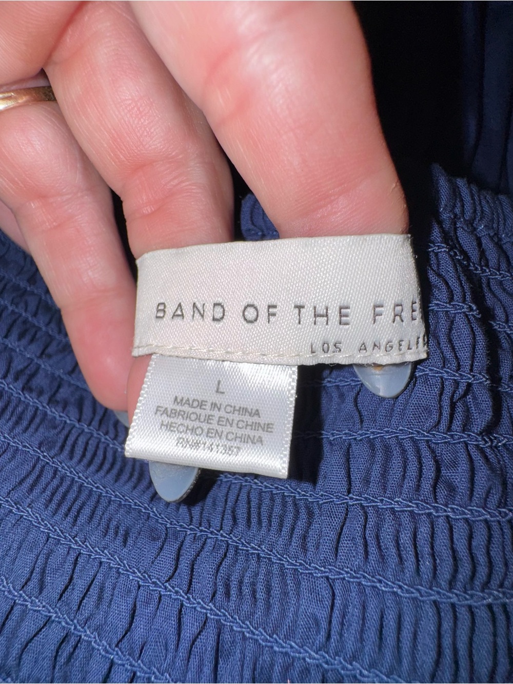 Band of the Free Dress Sz L Strapless Navy Blue Cotton Midi Ruched Smocked Boho - Picture 4 of 5